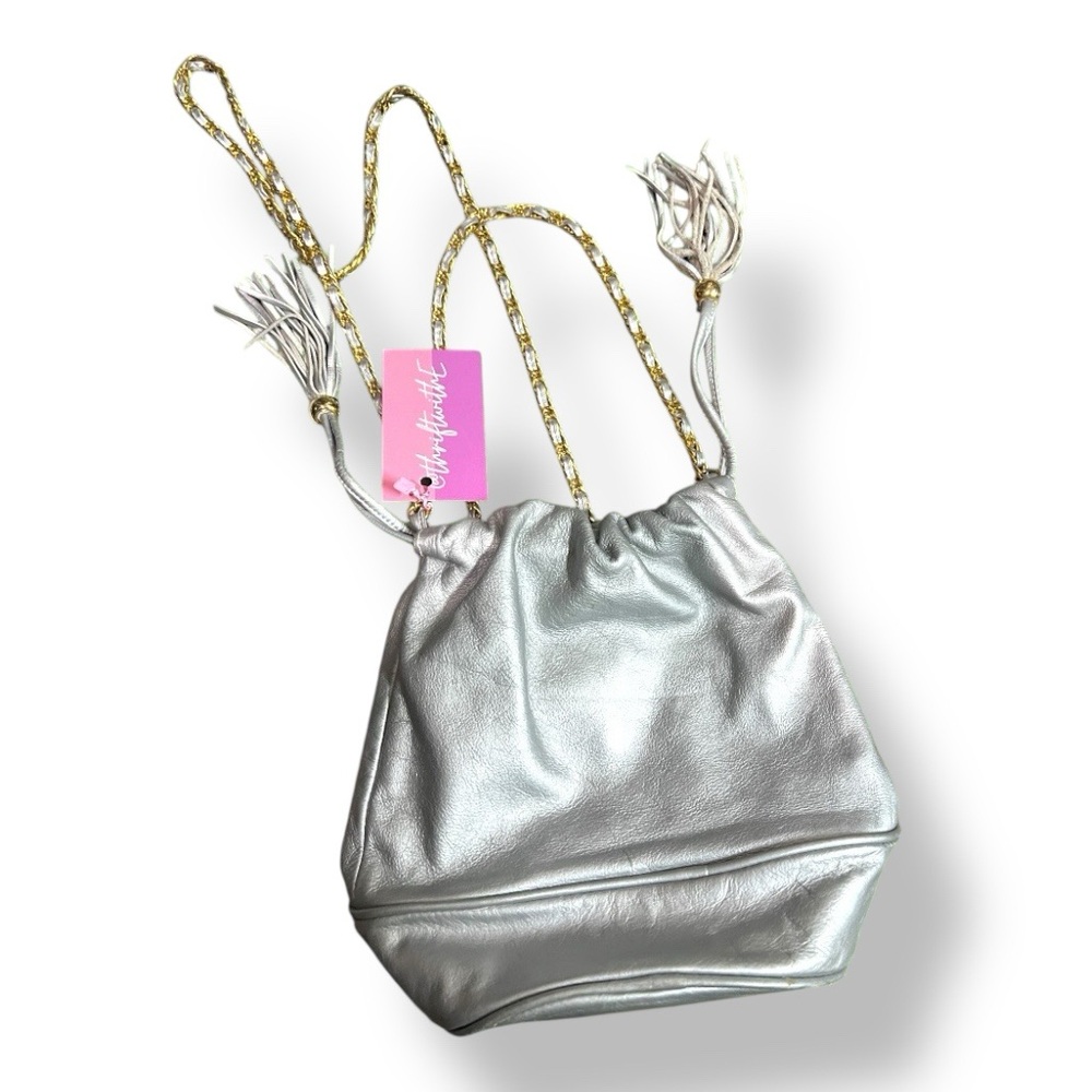 Vintage Metallic Silver Drawstring Bucket Bag with Gold-Accent Strap
